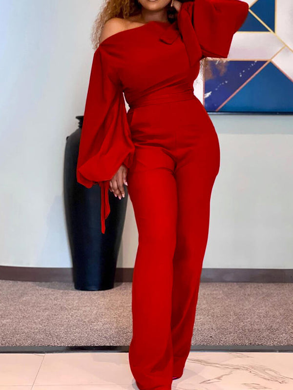 Long Sleeves One Shoulder Tie Up Jumpsuit