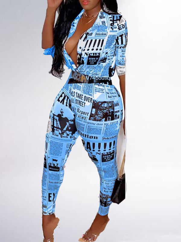 Two Piece Newspaper Print Jacket Pants Set