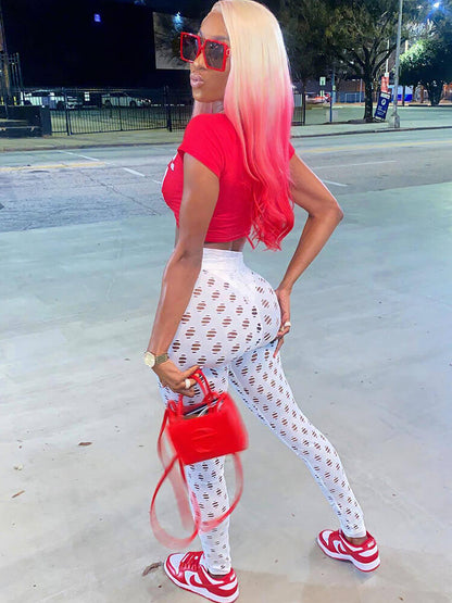 Short Sleeve Letter Print Lace Up Top