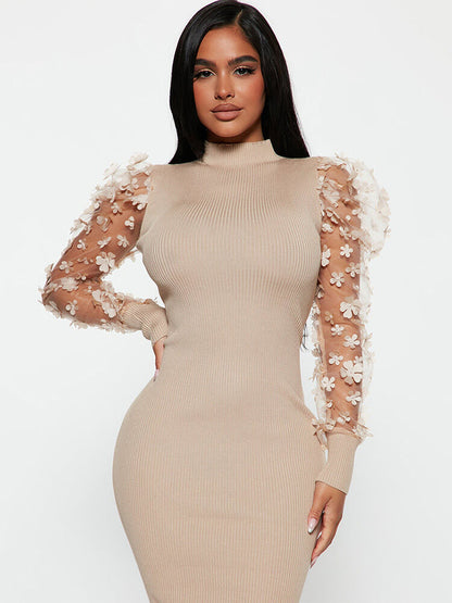 Vestidos midi florales de manga larga con patchwork de malla