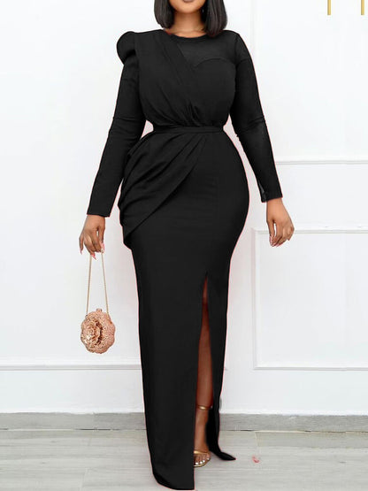 Long Sleeve Mesh Patchwork Split Maxi Dress