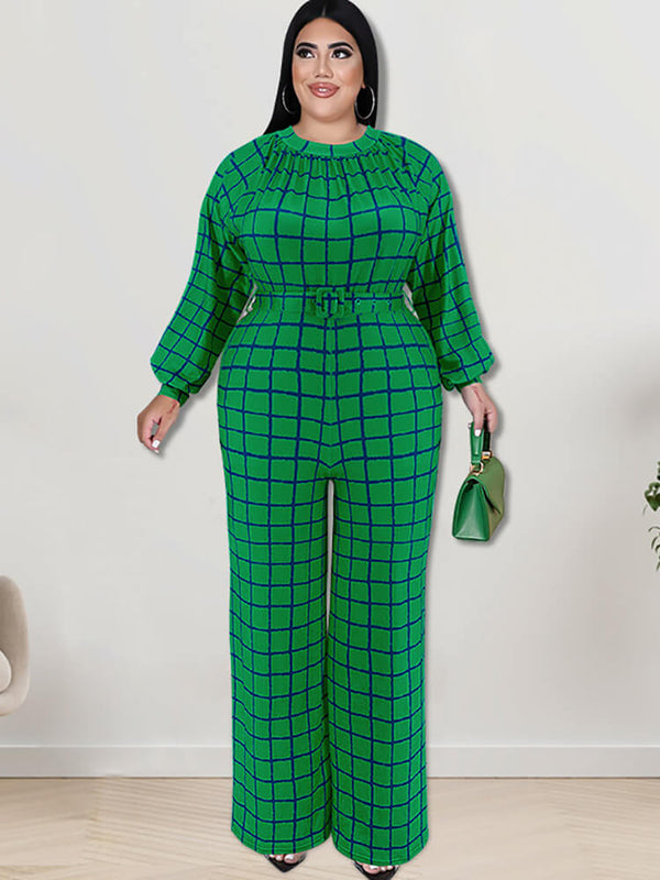 Long Sleeve Plaid Print Wide Leg Jumpsuit