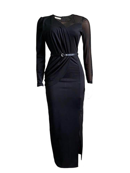 Long Sleeve Mesh Patchwork Split Maxi Dress