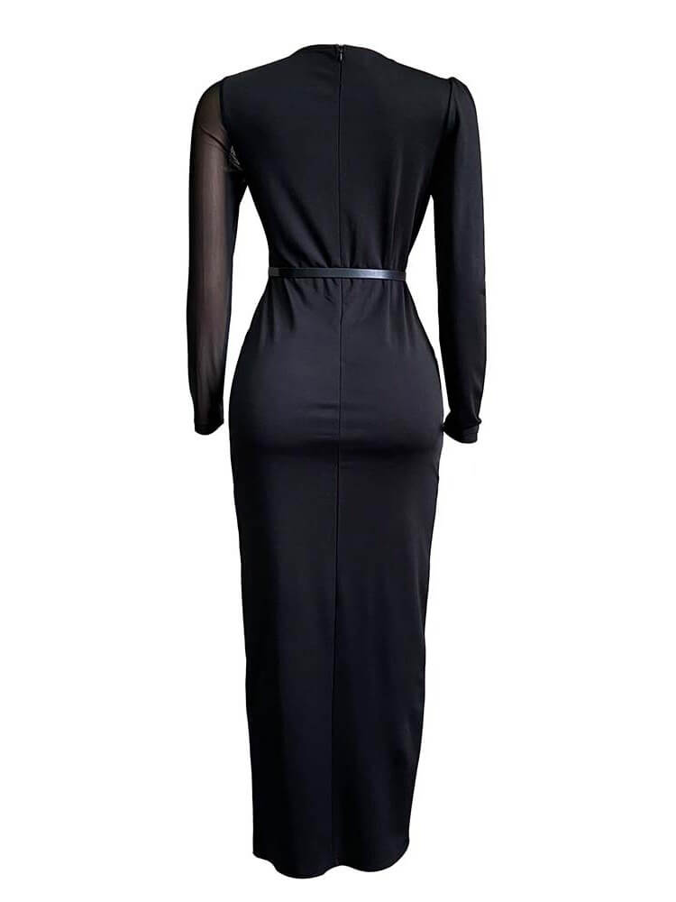 Long Sleeve Mesh Patchwork Split Maxi Dress