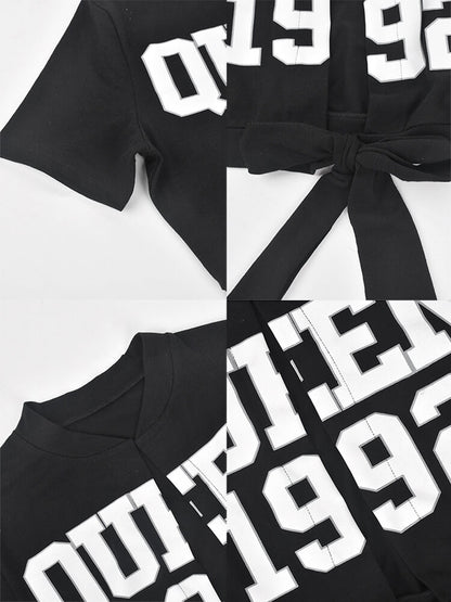 Short Sleeve Letter Print Lace Up Top