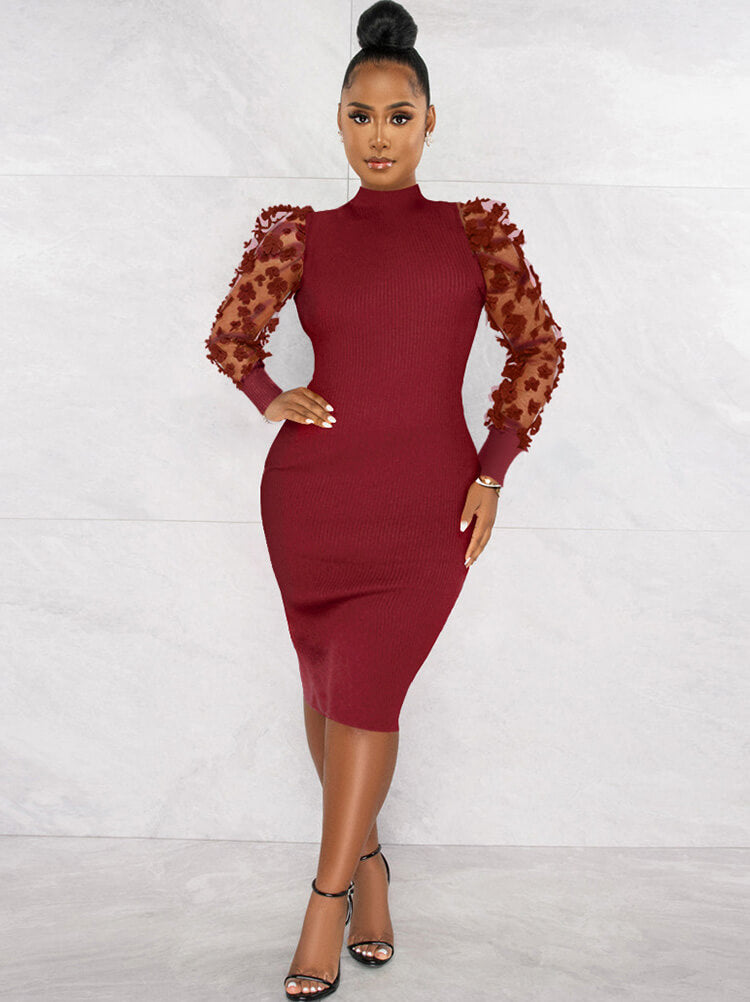 Vestidos midi florales de manga larga con patchwork de malla