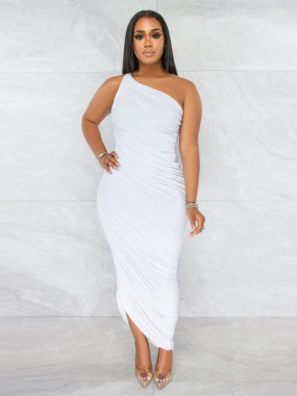 One Shoulder Sleeveless Backless Ruched Maxi Dress