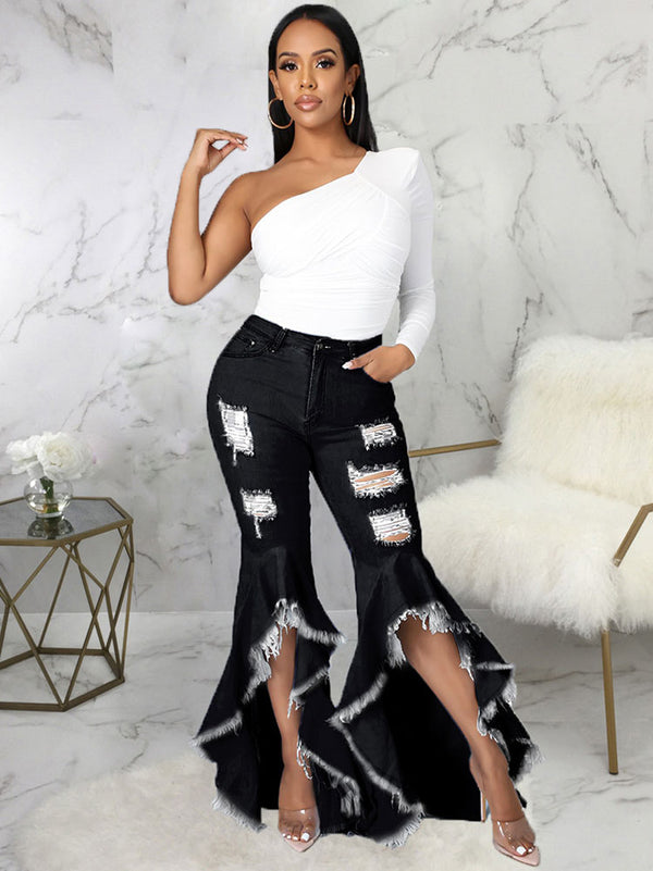 Denim Ripped Ruffle Hem Long Jeans