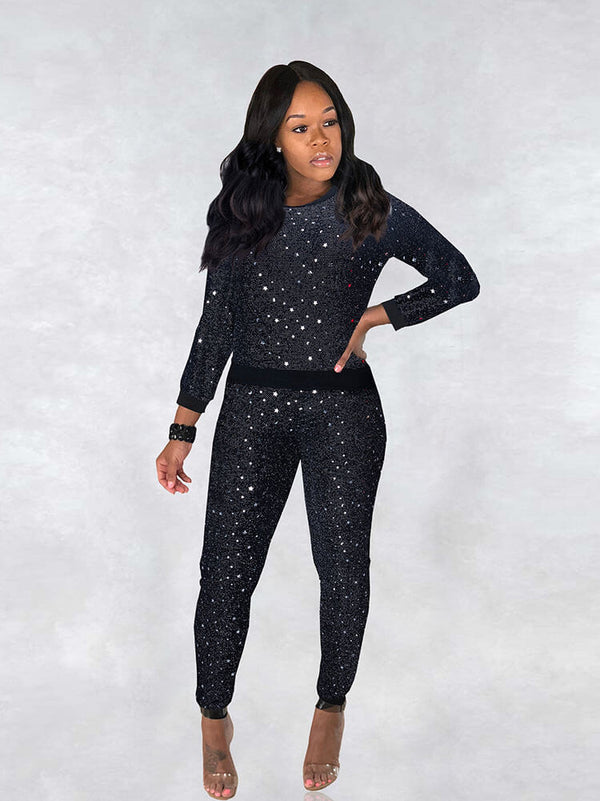 2 Piece Glitter Sequin Metallic Top Pants Set