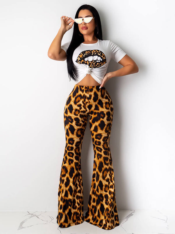 Two Piece Lips Print Top Leopard Pant Suit