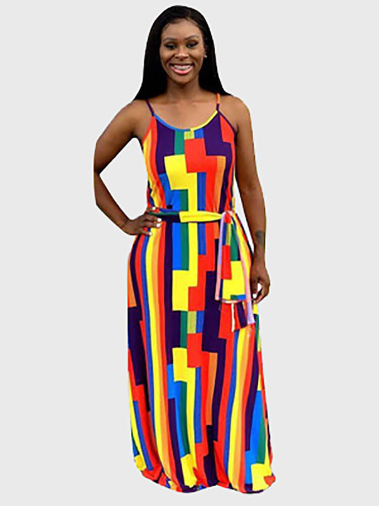 Spaghetti Strap V Neck Boho Maxi Dress