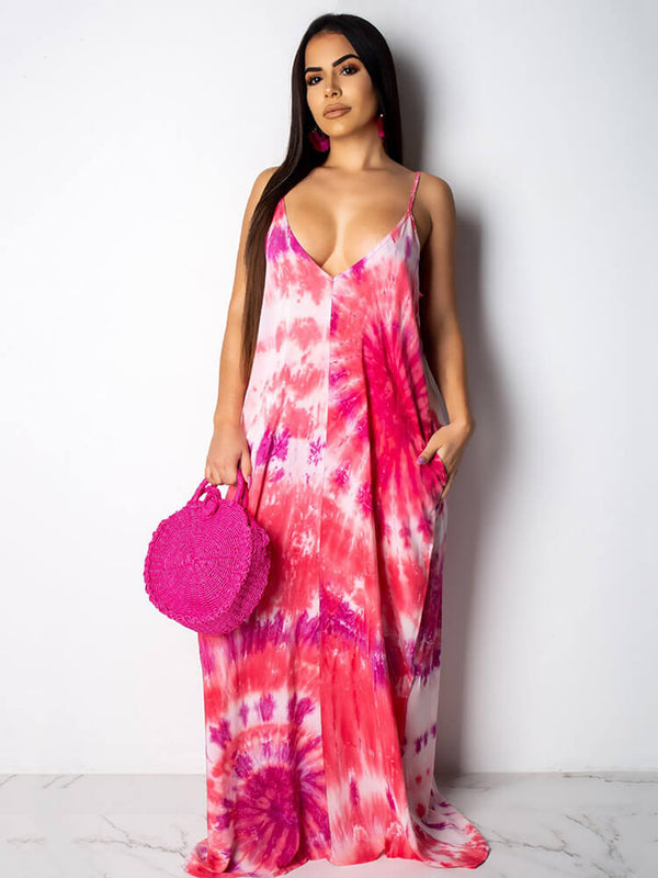 Spaghetti Strap V Neck Boho Maxi Dress