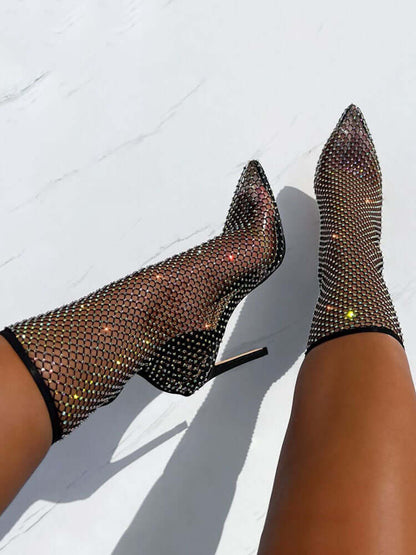 Fishnet Hollow Out Rhinestone Heel Boots