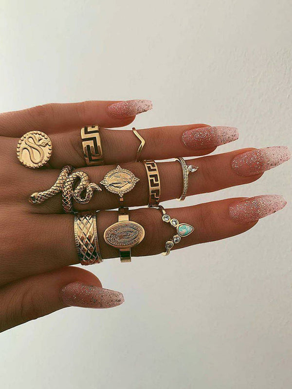 Ten Piece Snake Rhinestone Rings Set