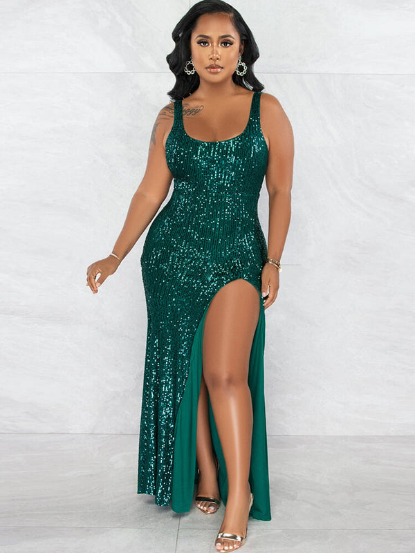 Sequin Sleevelesss Split Bodycon Maxi Dress