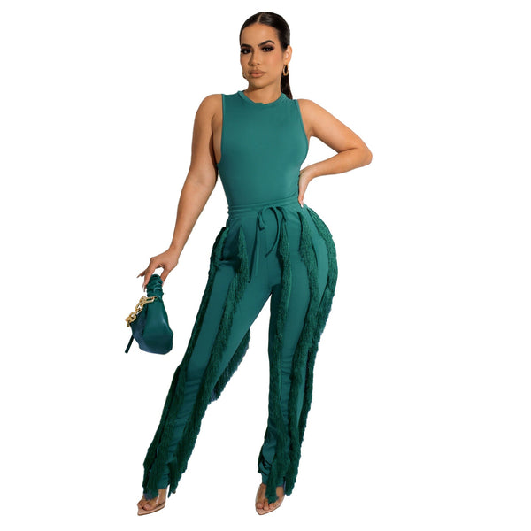 Two Piece Sleeveless Top Tassel Pants