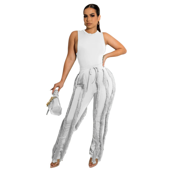 Two Piece Sleeveless Top Tassel Pants