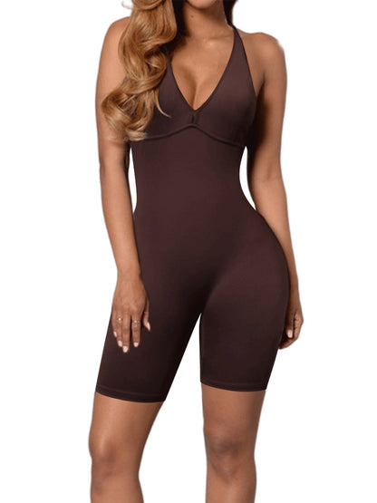 Sleeve V Neck Backless Short Jumpsuit