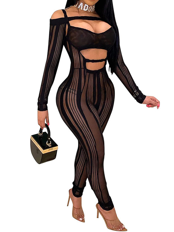 Mesh Cut Out Criss Cross Bodycon Jumpsuit