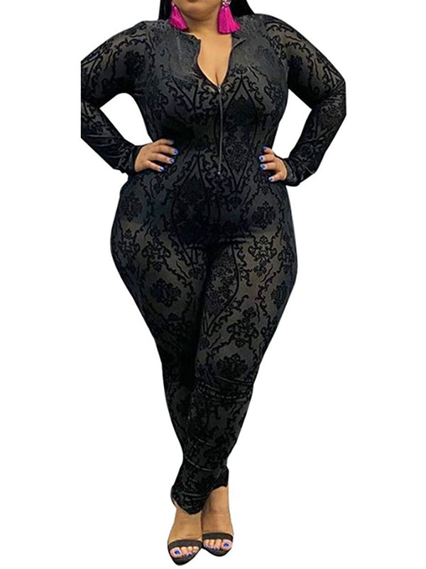 Plus Size Mesh V Neck Zip Up Clubwear Jumpsuit