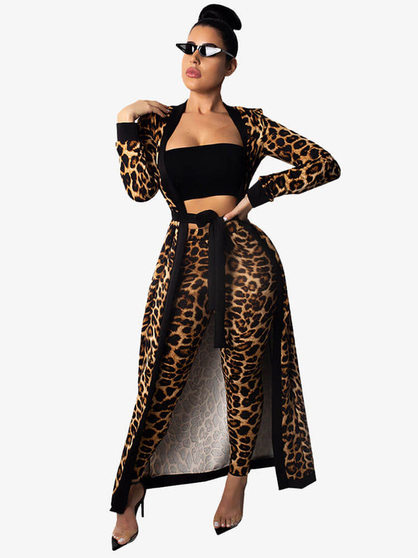 Two Piece Leopard Print Open Cardigan Pants Set