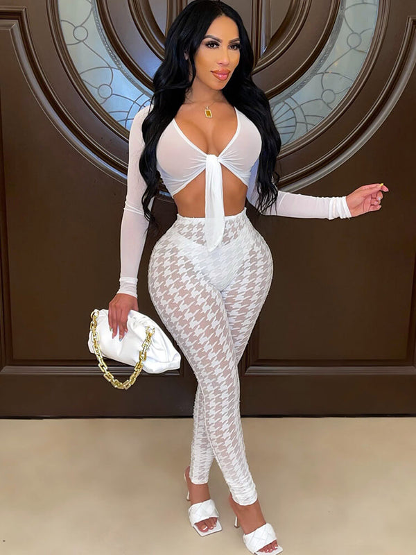 Two Piece Long Sleeve Mesh Crop Top Bodycon Long Pants