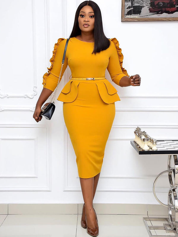 Office Lady Ruffle Long Sleeve Peplum Waist Pencil Dress