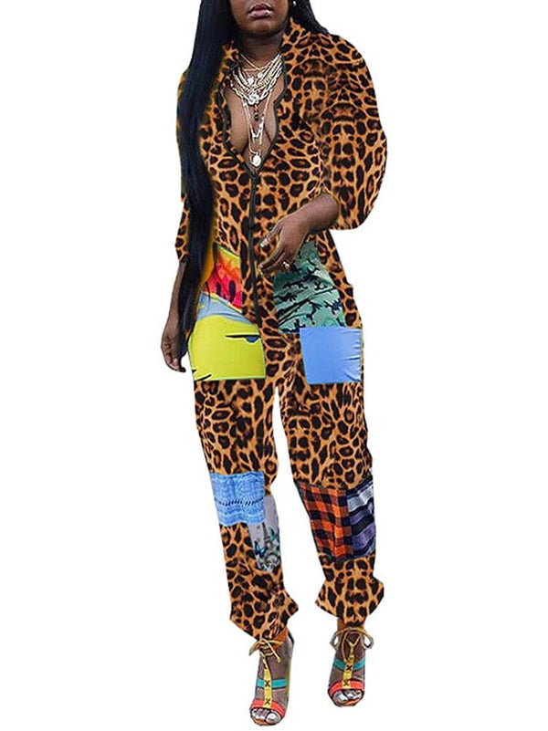 Deep V Neck Camouflage Leopard Print Jumpsuit