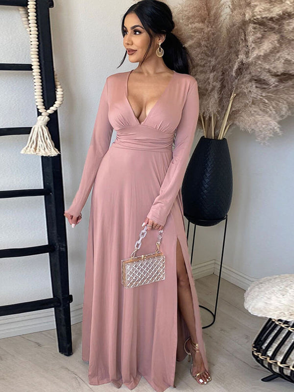 Deep V Neck Ruched Long Sleeve Slit Maxi Dress