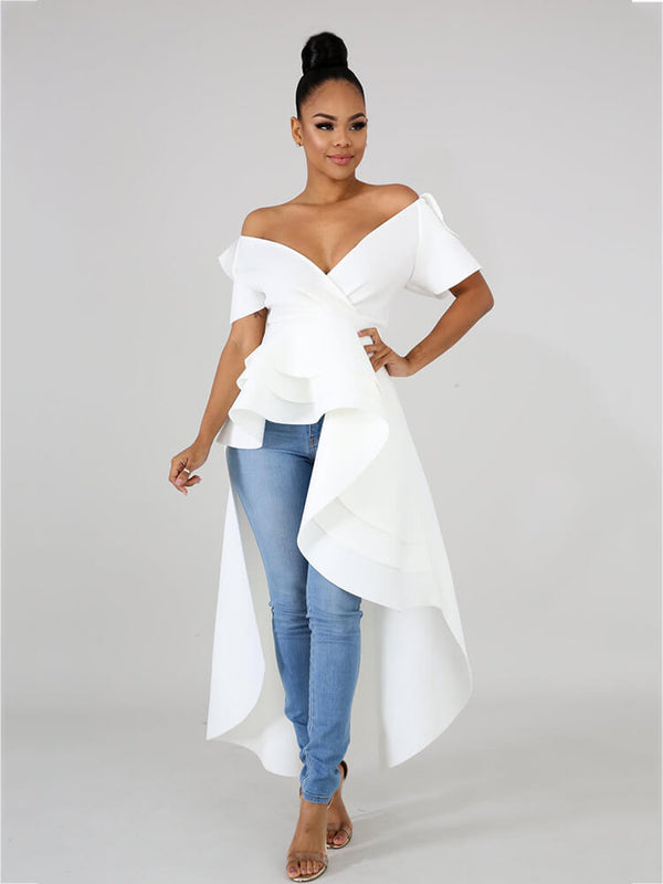 High Low Ruffle Sleeve Bodycon Peplum Dress Top