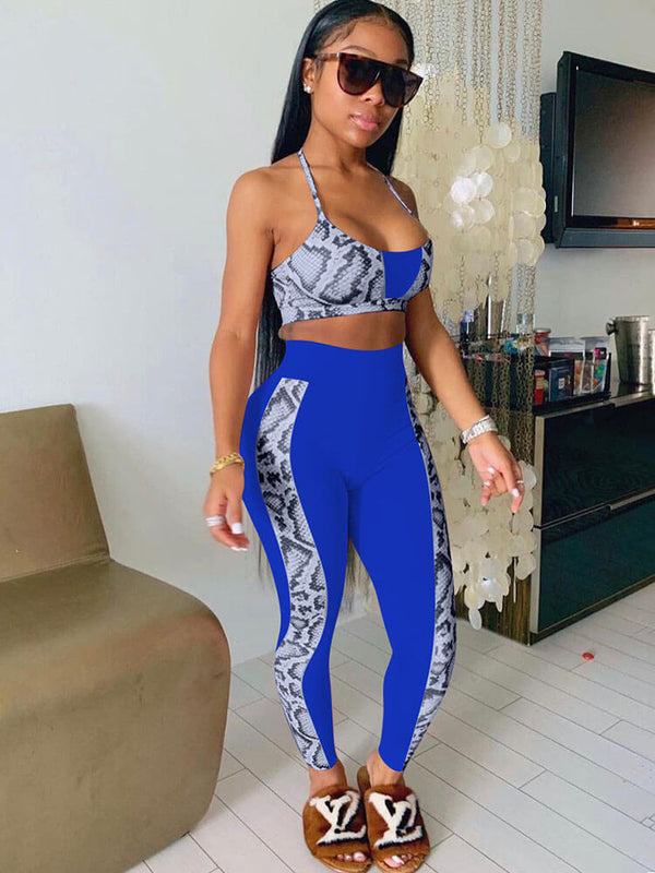 Two piece Strap Snake Print Patchwork Tank Top Long Pants