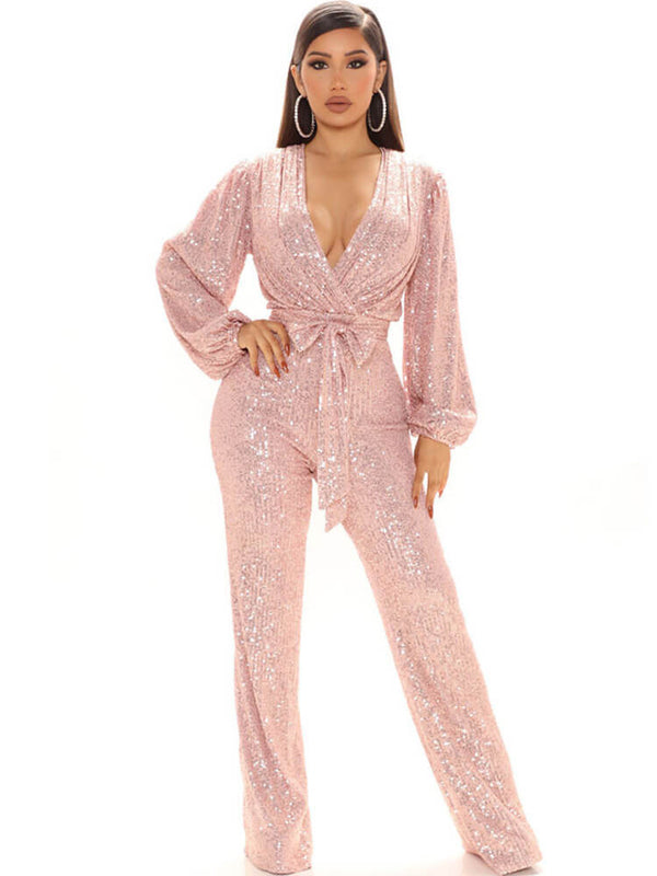 Sequin Long Sleeve V Neck Sparkly Jumpsuit