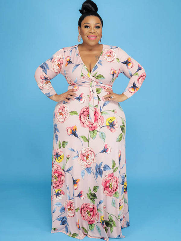 Plus Size Floral Print Long Sleeve Maxi Dress