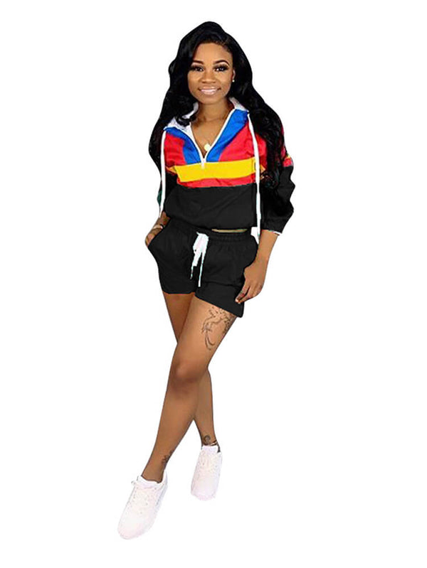 2 Piece Outfits Color Block Windbreaker shorts Set