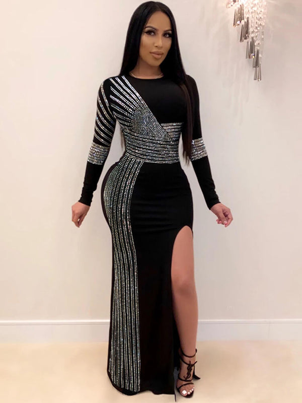 Long Sleeve Hot Drilling Sequins High Split Maxi Dress