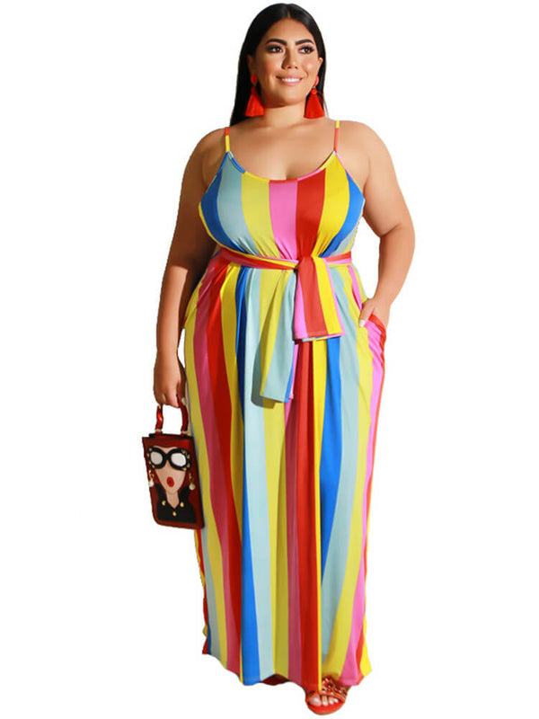 Plus Size Stripe Print Belt Sundress Maxi Dress