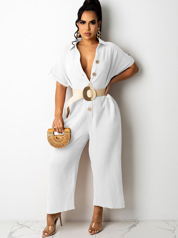 Short Sleeves Button Down Jumpsuit with Pockets