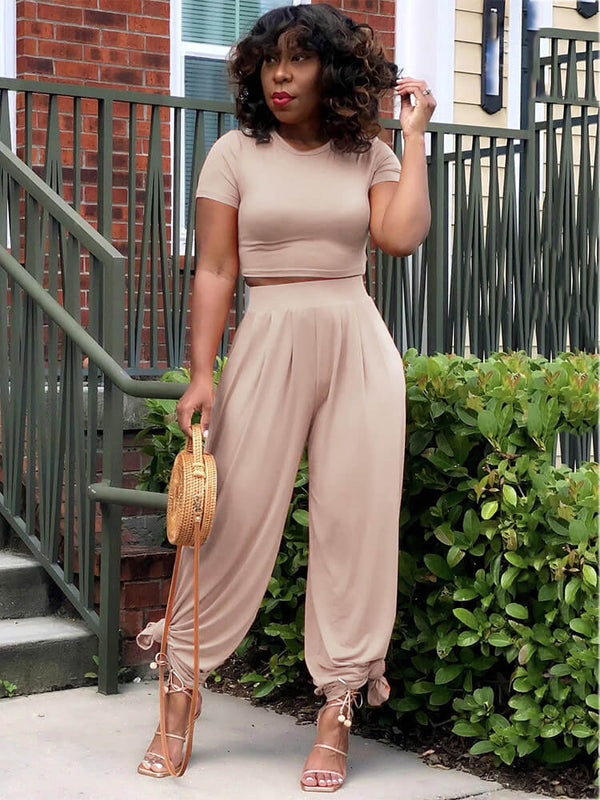 2 Piece Solid Color Short Sleeve Crop Top Wide Leg Pant Set