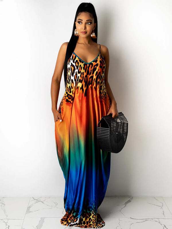 Spaghetti Strap Boho Gradient Leoaprd Print Sundress