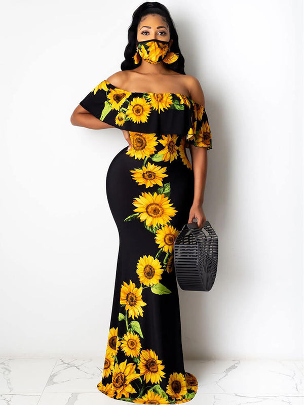 Off Shoulder Gradient Color Ruffle Floral Print Maxi Dress