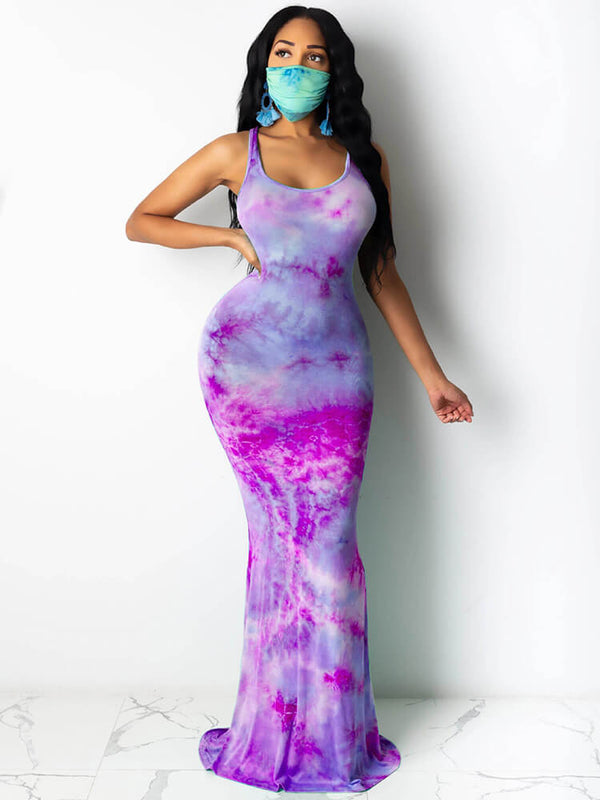 Tie Dye Leopard Print Square Neck Sleeveless Maxi Dress