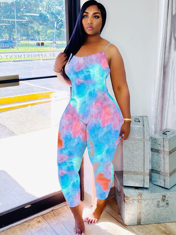 Spaghetti Strap Tie Dye Bodycon Jumpsuit