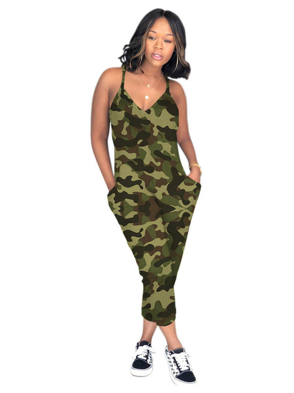 Spaghetti Strap Camouflage Loose Harem Jumpsuit