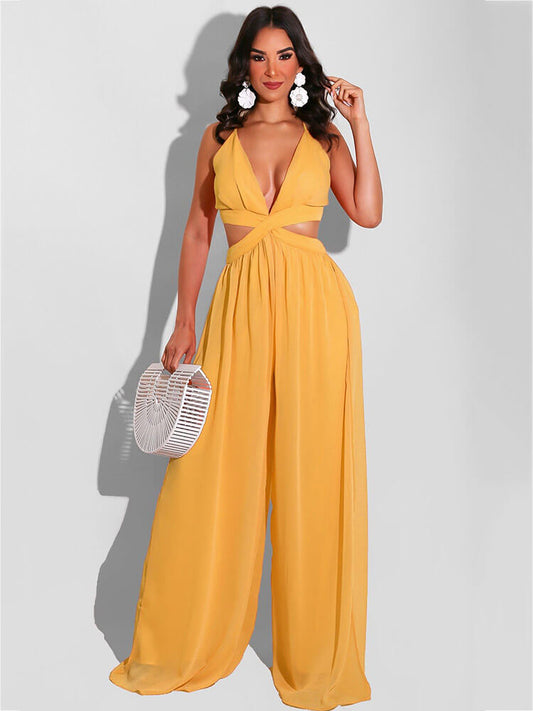 Spaghetti Strap Chiffon Backless Wide Leg Jumpsuit