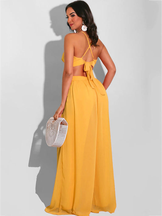 Spaghetti Strap Chiffon Backless Wide Leg Jumpsuit
