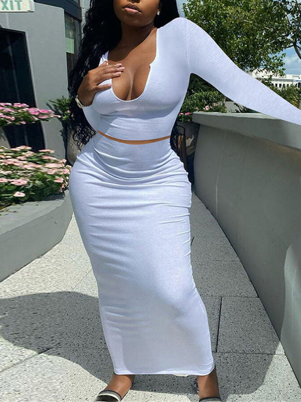 Two Piece Long Sleeve Rib Crop Top Bodycon Maxi Skirt