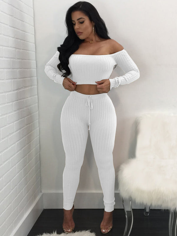 Two Piece Off Shoulder Crop Top Skinny Pants Set