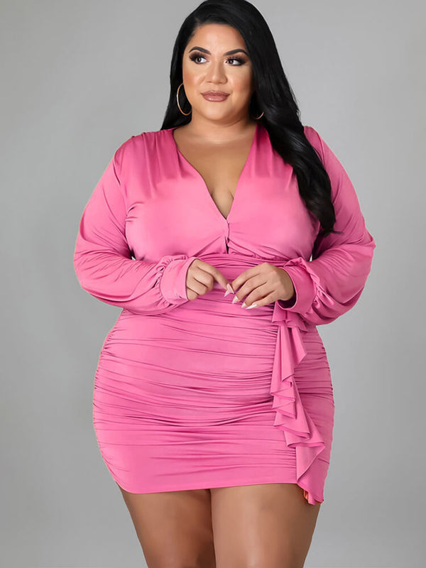 Plus Size Long Sleeve Ruched Bodycon Mini Dress