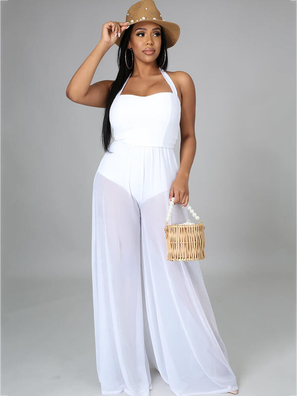 Halter Neck Strap Sheer Mesh Wide Leg Jumpsuit