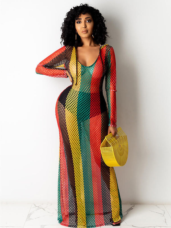 One Piece Multicolor Stripe Fishnet Cover Up Maxi Dress